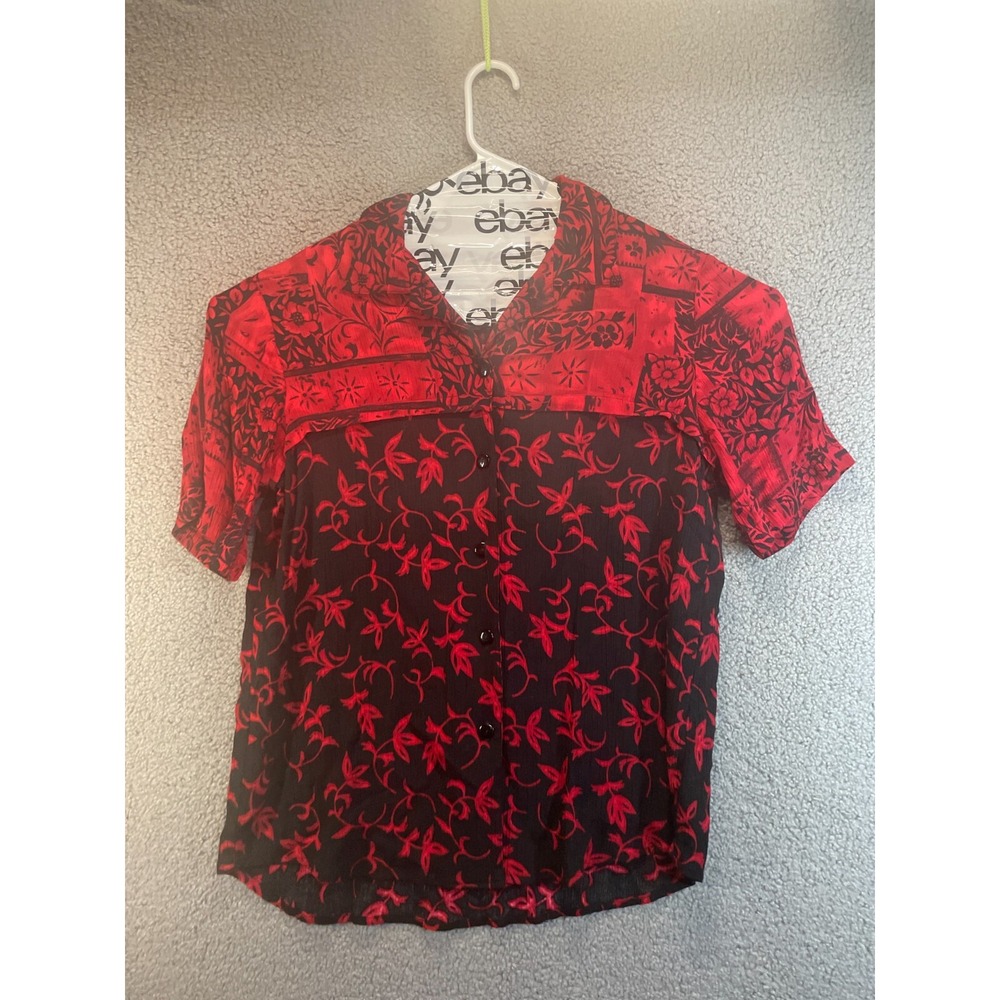 Vintage Dena LAUREN Red and Black Crepe Button Up‎  Size M